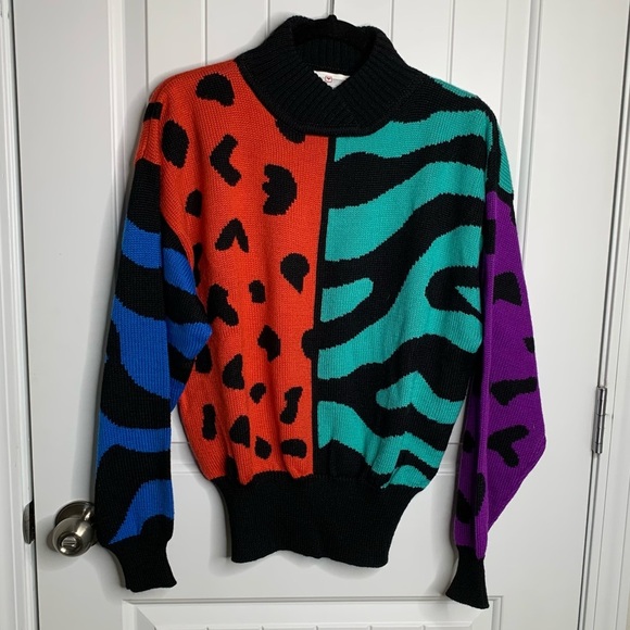 Vintage 80s Obermeyer color block pop art turtle neck wool‎ blend sweater medium - Picture 1 of 8